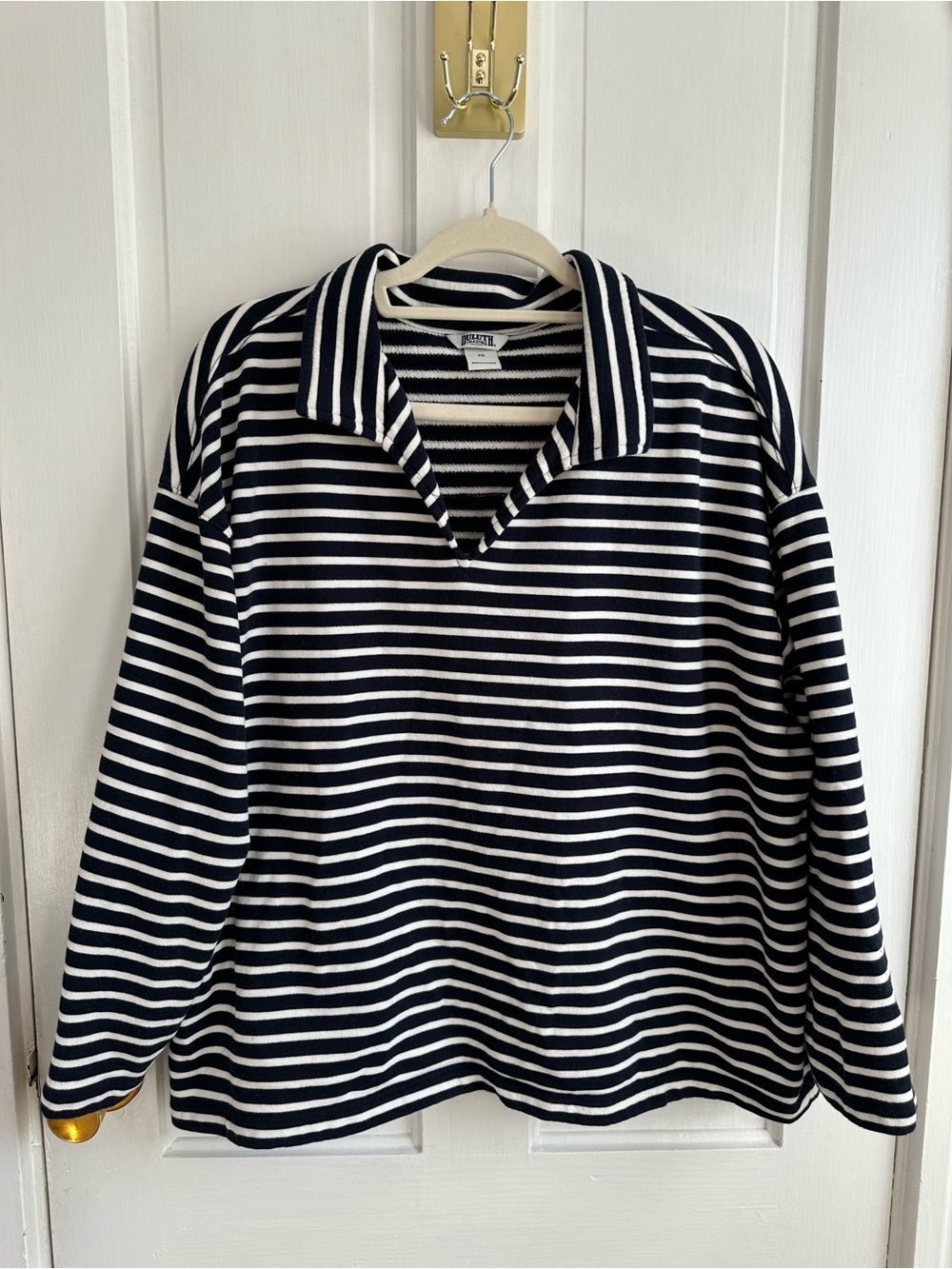Duluth Trading Co Navy and White Striped Polo Sweater